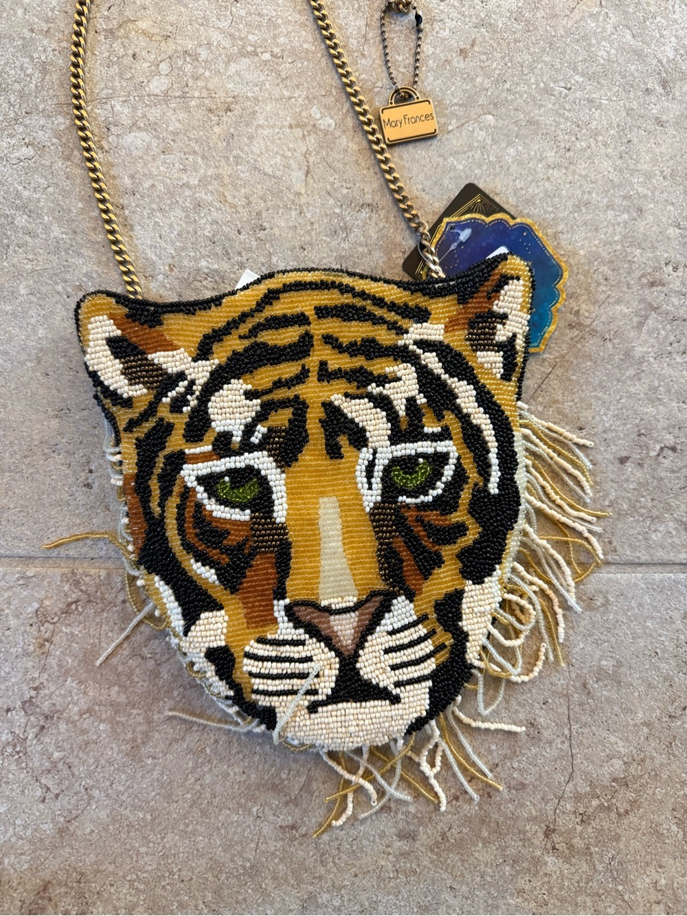 Mary Frances Tiger Head Beaded Crossbody Bag in Gold, Black, White, Green - Picture 2 of 4